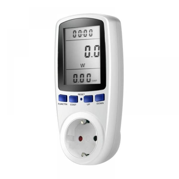Power outlet with energy meter, LCD screen, 16A, 230V, 50Hz, power consumption, current, voltage, maximum power 3680W, white