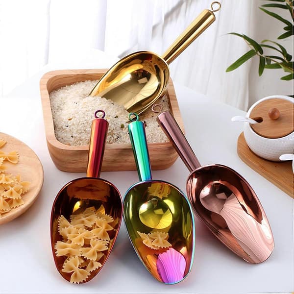 Stainless Steel Ice Scoop with Ergonomic Handle and Hook for Kitchen Bar and Versatile Use