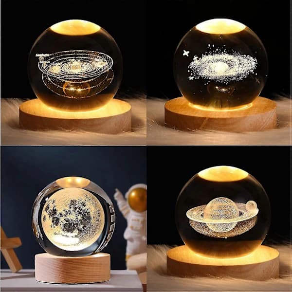 3D Planet Crystal Ball Nattlampe, Krystallkule med Trebase, 3D Gravert Solsystemets Planeter Krystallkule, Hjemmeinnredning Sol