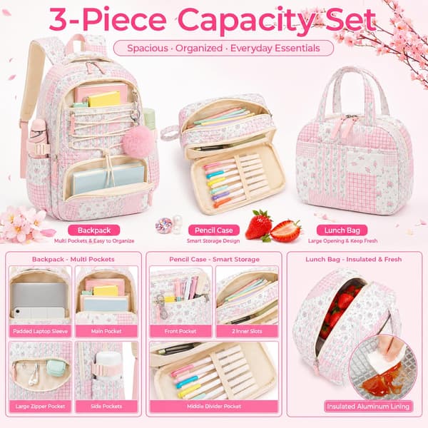 WOBAGMEN 3-osainen tikattu reppusetti tytöille, sisältää eväslaukun ja penaalin, Pink Floral Patchwork Pink Floral Patchwork