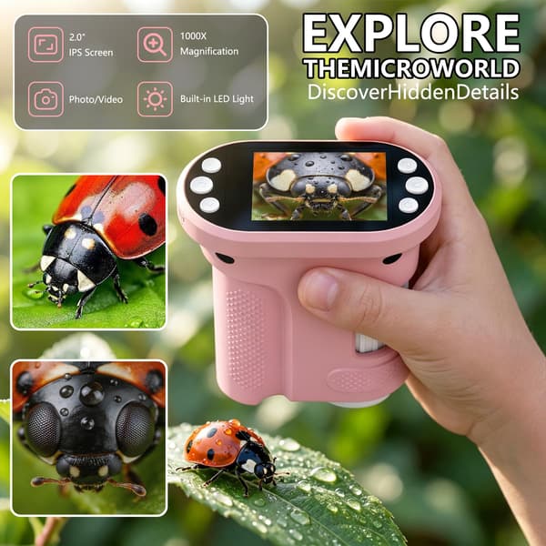 Digital microscope for kids, 1000X handheld pocket microscope STEM science toy Pink Pink