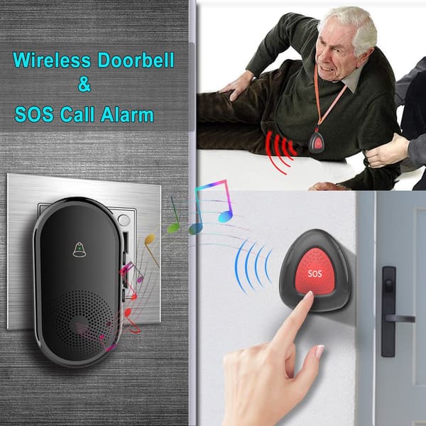 Wireless SOS Emergency Call Button for Seniors, IP55 Waterproof Alert System with 300m Range, 110dB Receiver for Home Care, Black