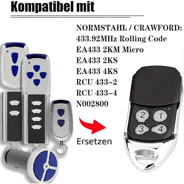 Fjernkontroll med rullende kode, kompatibel med Normstahl Crawford EA433 2KS, EA433 4KS, RCU 433-2, RCU 433-4, N002800, T433-4 EA433 2KM Micro 433,9...