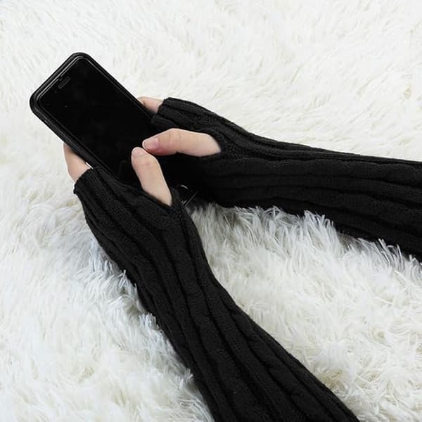 Sorte håndledsvarmere, lange strikkede fingerløse handsker, varme vinterarmvarmere, unisex til udendørs rejser