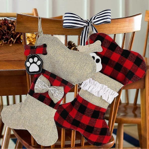 Julestrømper til hunder, sett med 2, Buffalo Plaid julestrømper store benformede hengende dyrestrømper til dekorasjoner