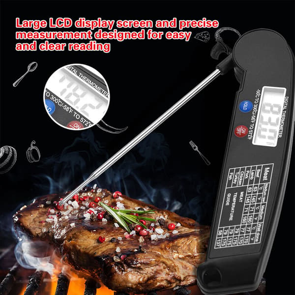 LCD Digitalt Termometer til Mad med Sammenklappelig Sonde, Køkken Madlavning Grill Temperaturmåler Sort