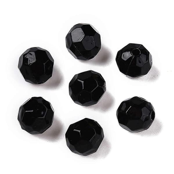 Uigennemsigtige akrylperler, polerede og facetslebne, runde sorte 8x8 mm Hul: 1,6 mm