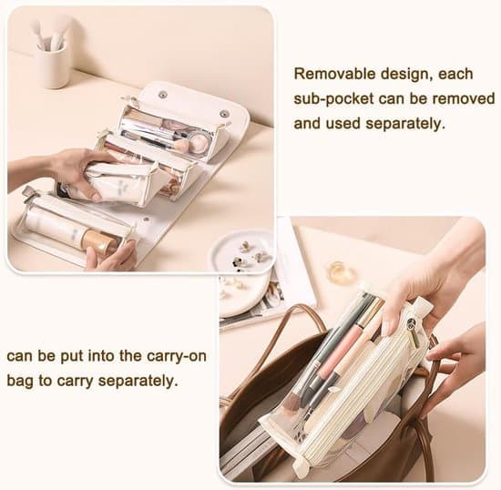 Makeup Bag - Waterproof Cosmetic Bag - Travel Toiletry Bag with 4 Removable Transparent Compartments - 4-in-1 Rollable Large Capacity