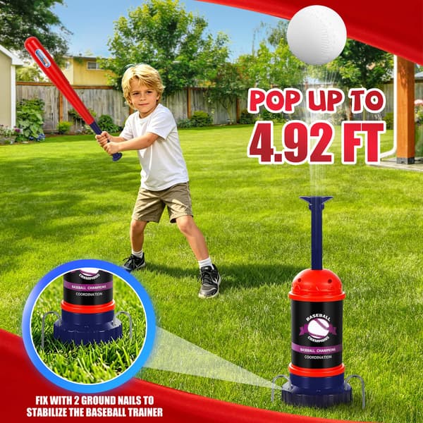 Pop-up baseball-kouluttaja, baseball-syöttölaite mailalla ja harjoituspalloilla
