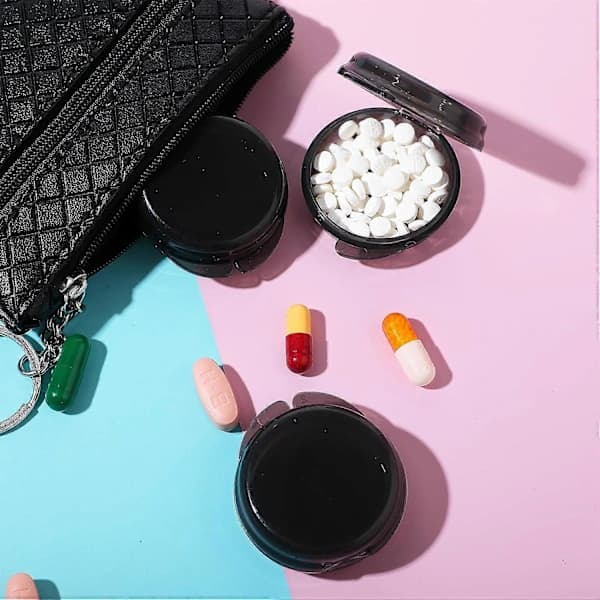 Small Pill Box, Cute Pill Container Portable for Pocket Handbag Daily Round Mini Storage Container Earphone Case 4-pack (4pcs-Black)