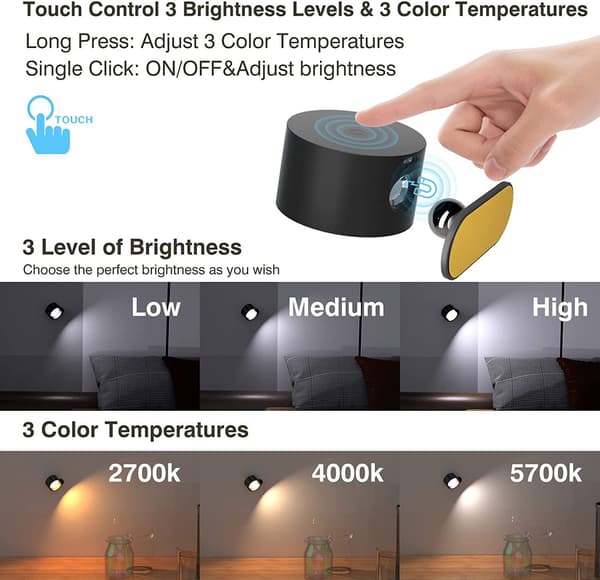 Rechargeable Magnetic LED Wall Lamp with Touch Control and 360° Rotation
