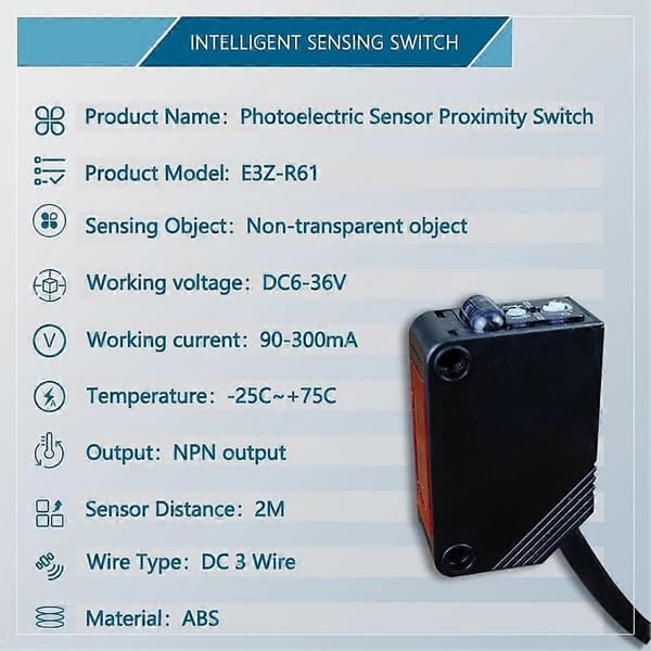 IKSLED E3Z-R61 Fotoelektrisk Sensorbryter, Reflekterende NPN-utgang, DC12-24V, 2m Deteksjon