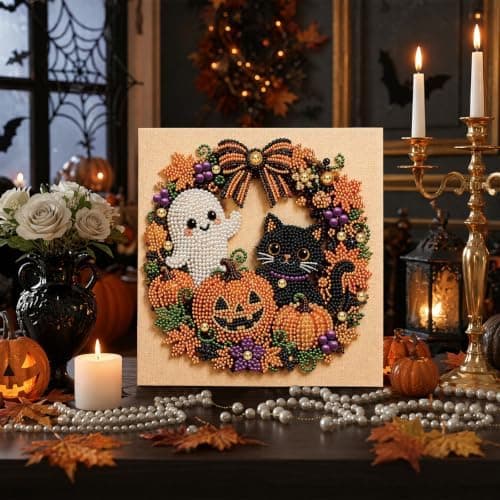 Gør-det-selv perlemalingssæt med ramme 12 tommer spøgelse og sort kat-krans Ghost and Black Cat Wreath