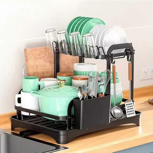 2-Tier Iron Dish Drying Rack with Drain Tray, Countertop Organizer for Bowls, Plates, and Cutlery for Kitchen