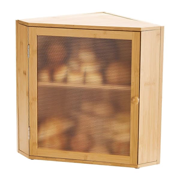 Corner Bread Box for Kitchen Counter, Double Layer Large Capacity Bamboo Bread Storage Container with Acrylic Wavy Door, Natural