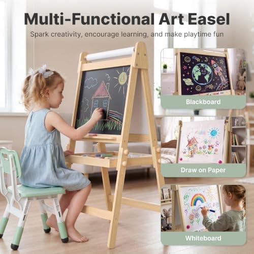 Sammenleggbart staffeli for barn med tavle og whiteboard, naturlig Natural