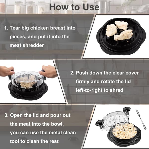 Large Chicken Shredder, Tool for Shredding Chicken Breast with Twist Function, Brush & Fork, Non-Slip, BPA-Free, Suitable for Pork, Beef, and Chicken