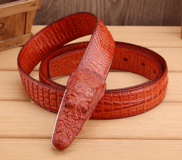 Antique Leather Belt with Crocodile Clip (Reddish Brown)