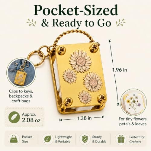 Mini Flower Press Keychain - Handmade Gold Metal Micro Press Kit with 20 Sheets Sunflower Sunflower