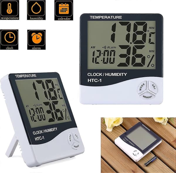 1-pack LCD digital hygrometer termometer temperaturfuktighetsmätare inomhusklocka -50 C ~ + 70 C, 10% ~ 99% Rh