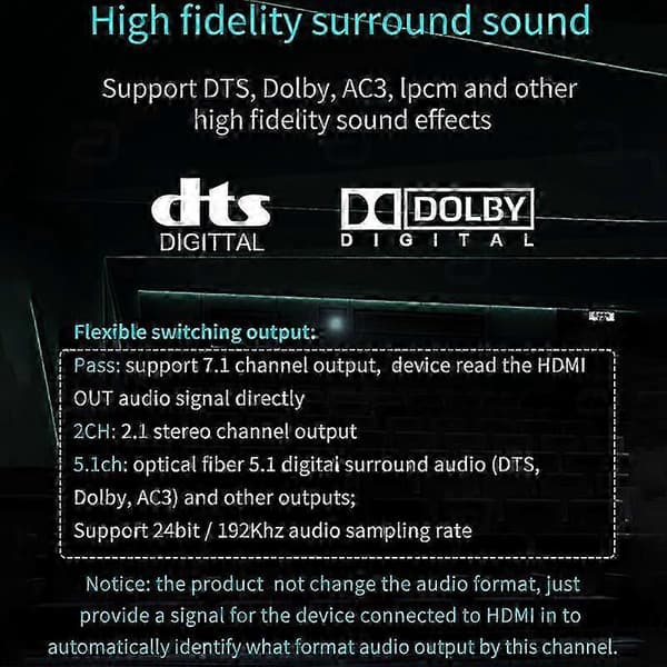 4K HDMI-ljudextraktor med HDCP CEC, optisk TOSLINK SPDIF och 3,5 mm RCA-ljudomvandlare, stöder 4K x 2K 3D HDMI