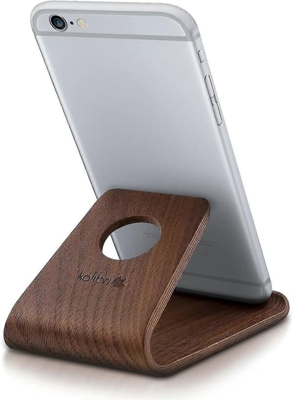 Trætelefonholder - Universal smartphone- og tablet-holder i birk, træstativ (valnøddetræ, mørkebrun)