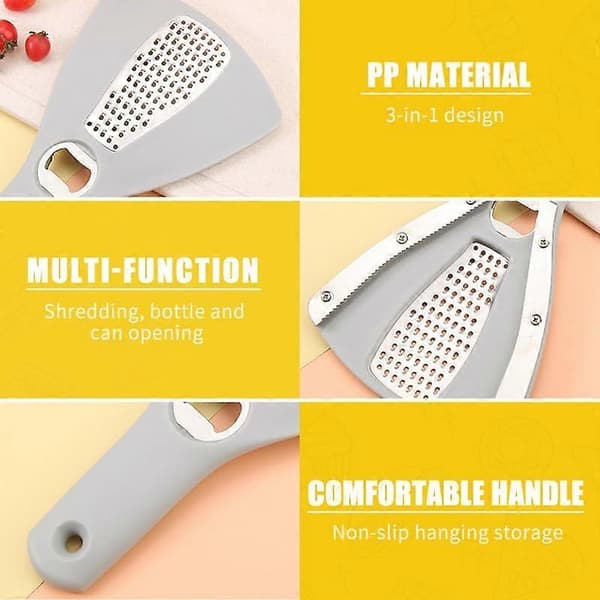 3-in-1 Stainless Steel Can and Bottle Opener with Grater, Ergonomic Kitchen Tool for Weak Hands, 2-pack Grey