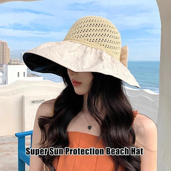 Kvinders strandhat med bred skygge, super solbeskyttelse, solhat med sort gummisolbeskyttelse, UV-beskyttelse, foldbar, justerbar solhat Off White Off White