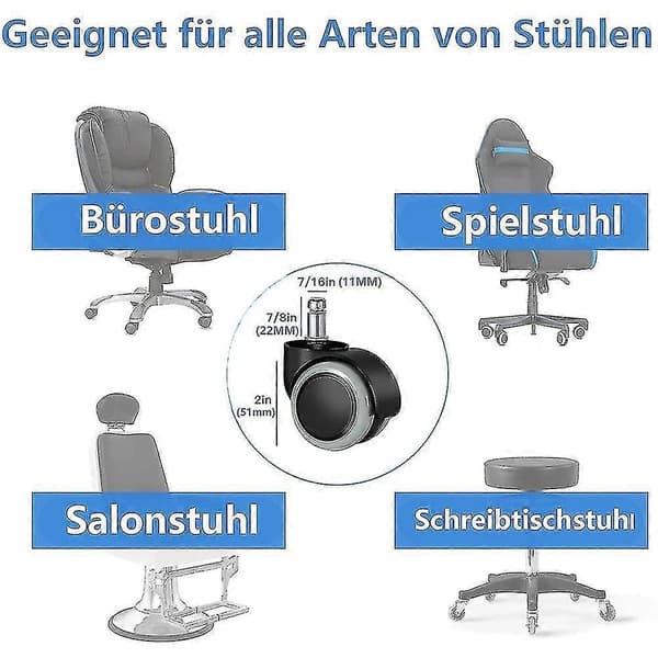 Erstatningshjul for kontorstol for harde gulv - 5-pakning - 11 mm / 22 mm - For gamingstoler, snurrestoler, Pr