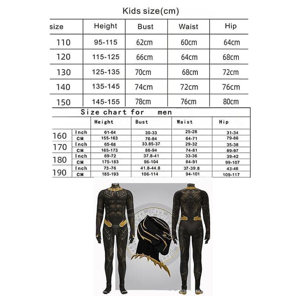 Black Panther Bodysuit Cosplay-drakt for voksne og barn 180 cm 180cm