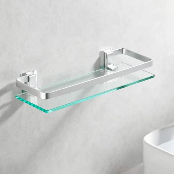 Aluminum Bathroom Shelf with Tempered Glass, Rectangular, 1 Layer, Extra Thick, Silver Sandblasted, Wall Mounted