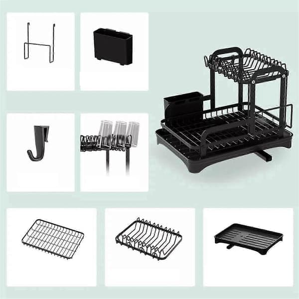 2-Tier Iron Dish Drying Rack with Drain Tray, Countertop Organizer for Bowls, Plates, and Cutlery for Kitchen