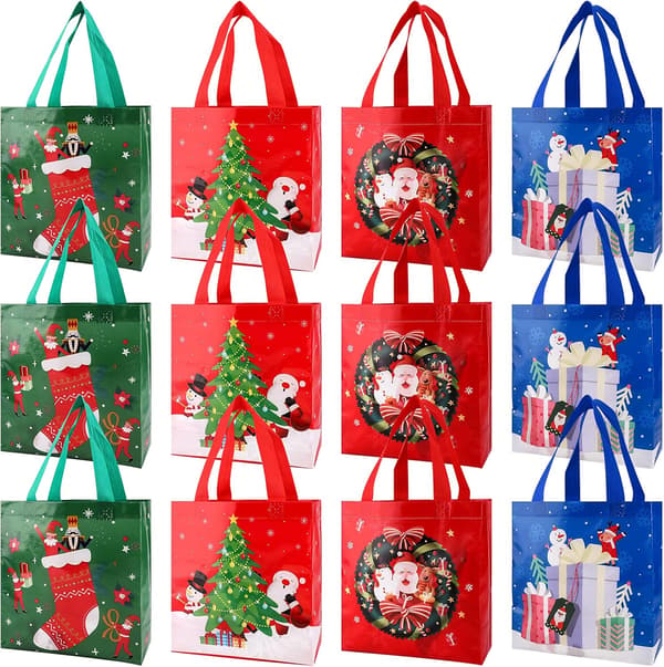 Christmas Bags, 12-pack Reusable Fabric Bags with Handles C