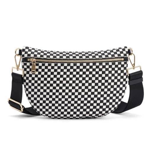 Vævede crossbody-tasker til kvinder ternet bæltetaske damer bæltetaske slyngetaske med bred rem til rejser sort/hvid Black/White
