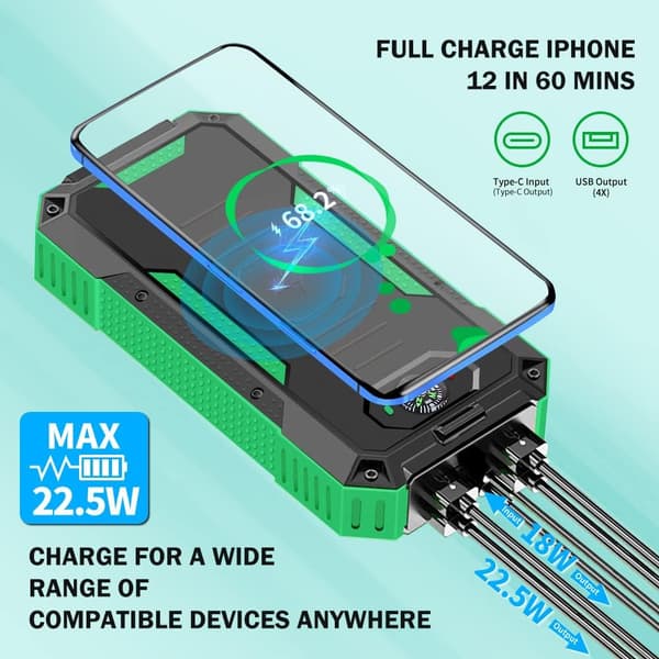 Powerbank, Solcellelader, PD 22.5W Hurtiglading & QI 15W Trådløs Lading