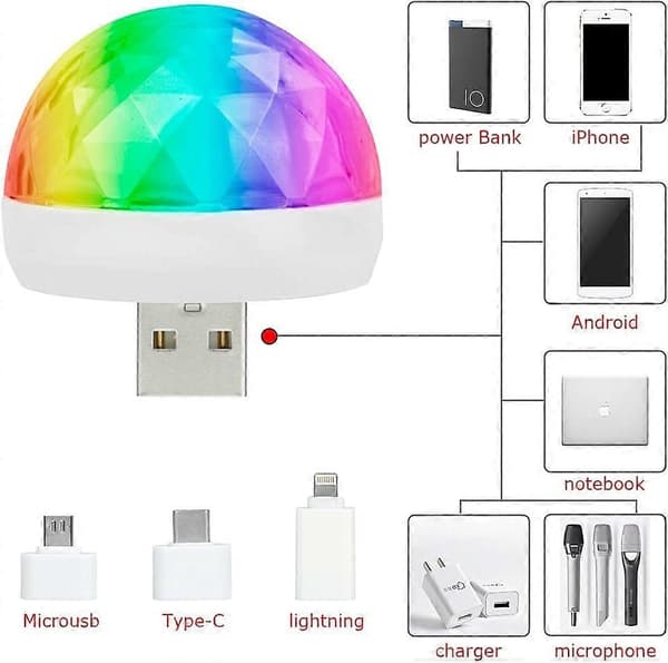 Mini-USB-diskovalo, monivärinen LED-auton tunnelmavalo