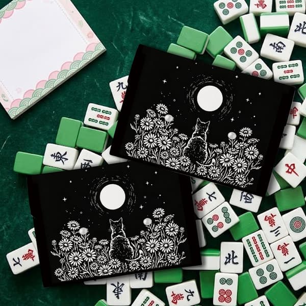 Blomstret sort kat læder Mahjong kortetui holder lomme Floral Black Cat