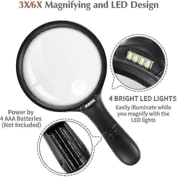 Magnifying Glass with Light for Reading, 3x 6x Large Handheld Magnifier with Light and 4 LED Lights for Visually Impaired, Seniors