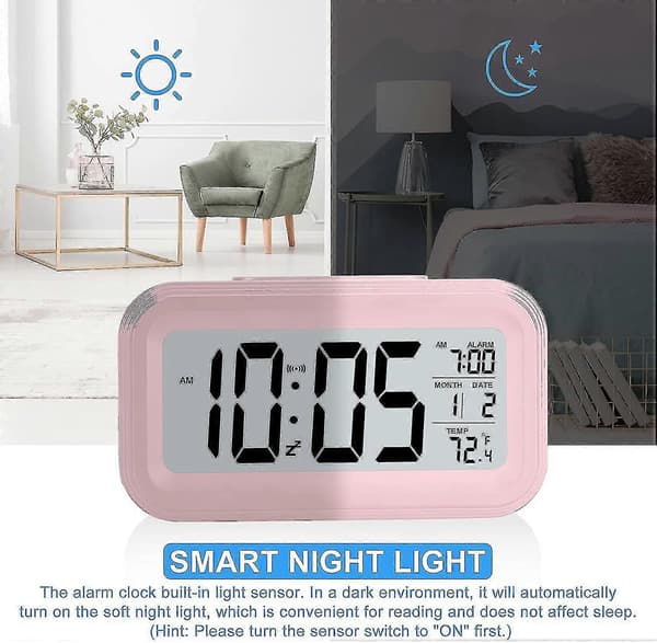 Battery-Powered Digital Alarm Clock, LCD Clock Electronic For Bedroom Home Office, With Date, Indoor Temperature Pink
