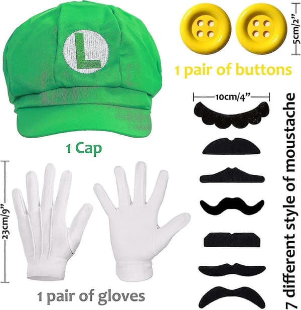 Super Mario Bros Mario og Luigi Hatter Bart Elastiske Selar Hansker Knapper Cosplay Kostyme (FMY)