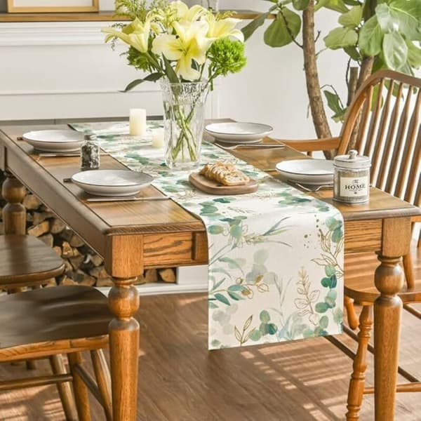 Eucalyptus Leaf Summer Table Runner, Spring Seasonal Kitchen Table Decoration Indoor Holiday Party Decor 40x140 cm