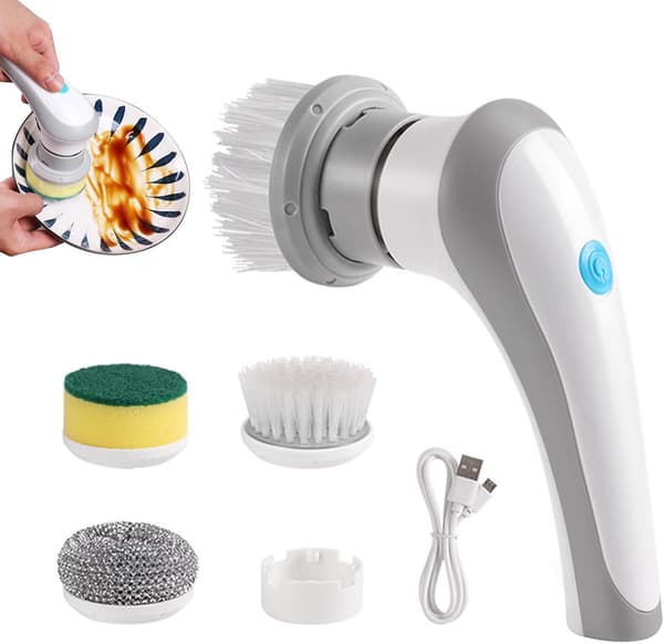 (White) Handheld Electric Rotary Scrubber, 3 Replaceable Brush Heads