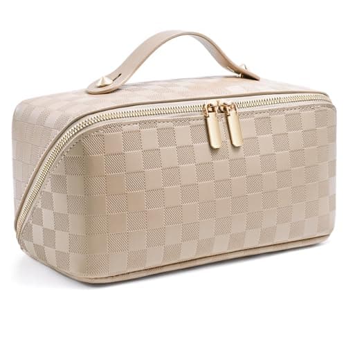 Rejsetaske med stor kapacitet - Åbne flade makeuptasker til kvinder Vandtæt PU-læder ternet makeuptaske, toilettaske til khaki Medium khaki Medium