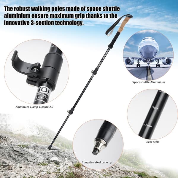 Vandrestave, Gåstave, Trekkingstave - 63-135 cm - Foldbare og Justerbare - Teleskopiske - Til Mænd og Kvinder