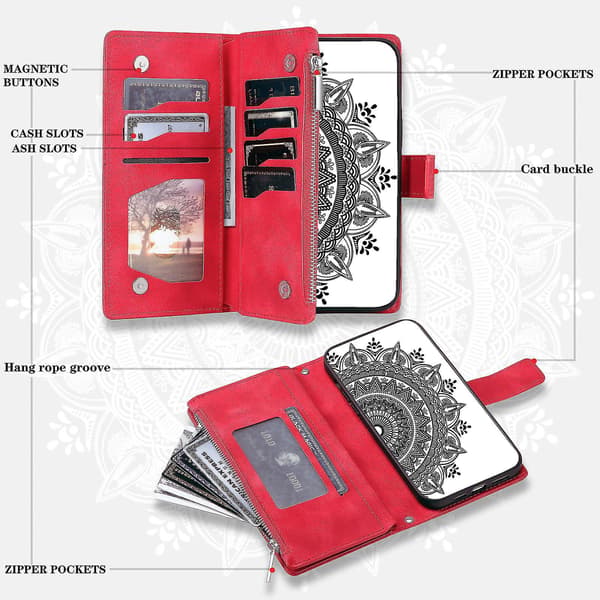 For Samsung Galaxy A54 5G PU Leather Mandala Flower Embossed Wallet Case with Zipper, Stand Function and Multiple Card Slots with Strap - B6 Red