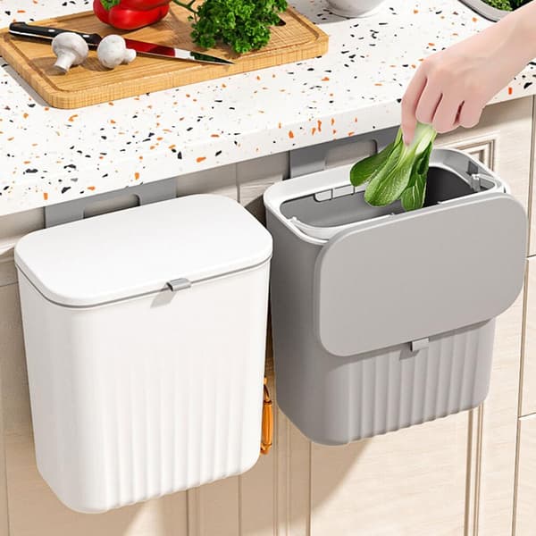 9L Hanging Trash Can with Lid - Wall Mounted Kitchen Bin for Cabinet Door, Compost-FY-