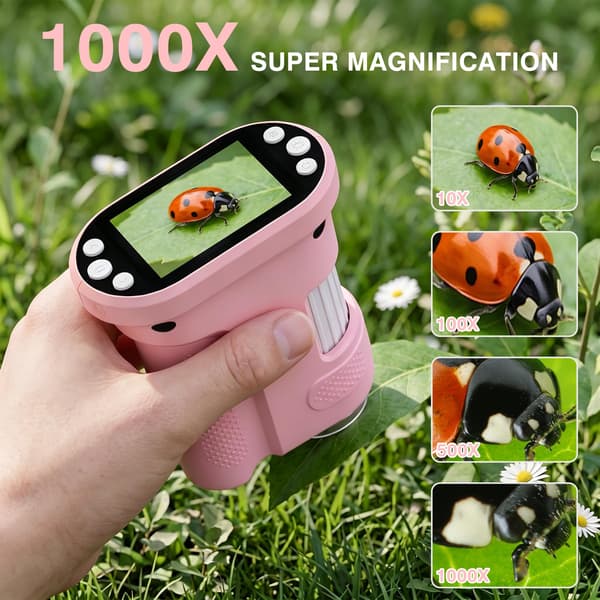 Digital microscope for kids, 1000X handheld pocket microscope STEM science toy Pink Pink