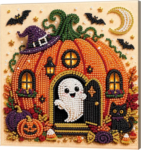 DIY Pärlmålningssats med ram 12 tum Jack-o-Lantern Stuga Spöke Jack-o-Lantern Cottage
