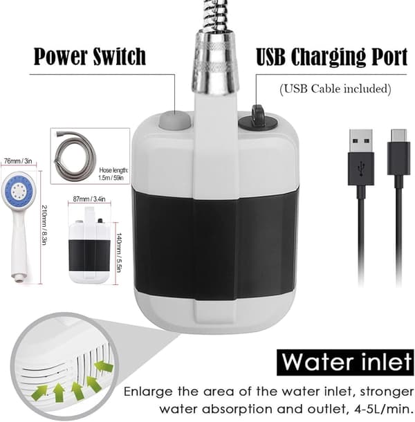 Bärbar campingdusch, USB-laddningsbar utomhusduschpump, elektrisk campingdusch, lämplig för husdjur, stränder, trädgårdar och andra tillfällen.