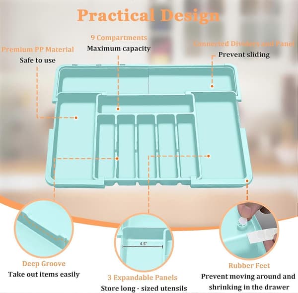 Expandable Cutlery Drawer Organizer BPA-Free Utensil Tray 6-9 Compartments Adjustable for Kitchen